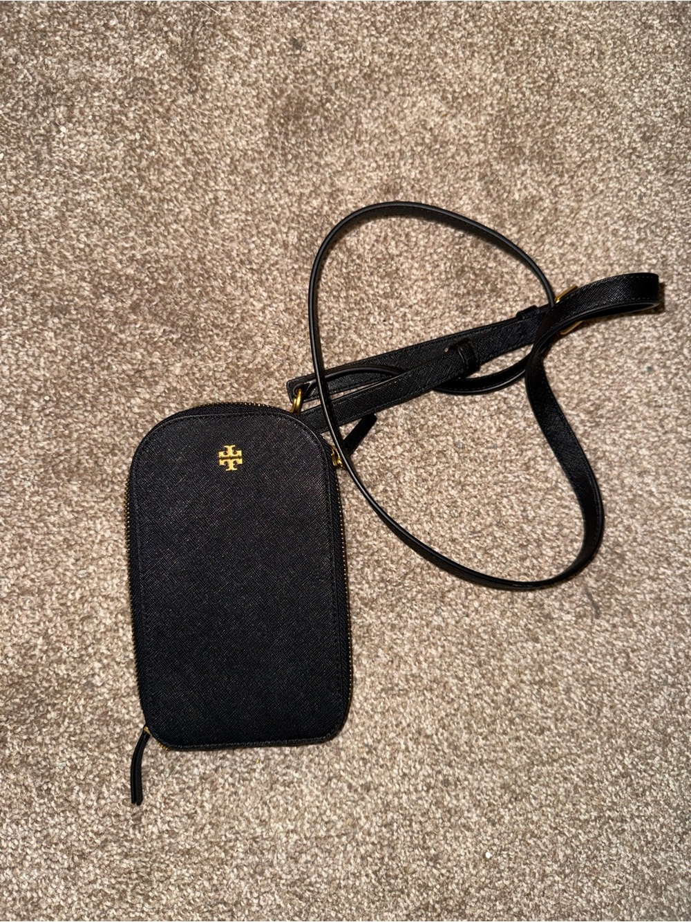 NWOT Tory Burch Black Leather Crossbody Phone Case with Gold Logo